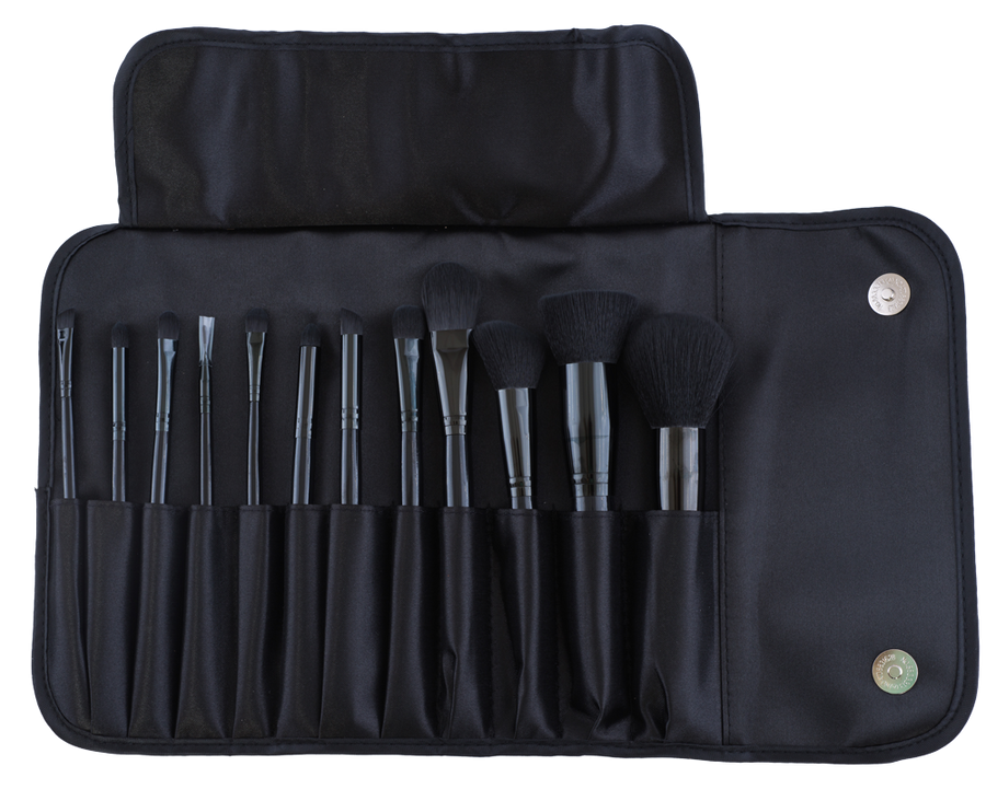 12 Pieces Satin Pouch Brush Set Black (Face)